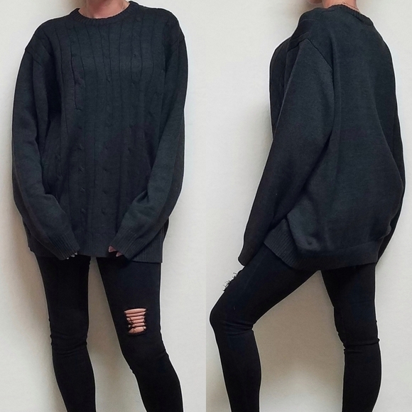 Oscar de la Renta Charcoal Gray Corded Cotton Blend Knit Long Sleeve Sweater XXL - Picture 1 of 13